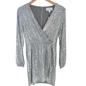 The Drop Silver Helena Sequin Long Sleeve Wrap Dress XS NWT